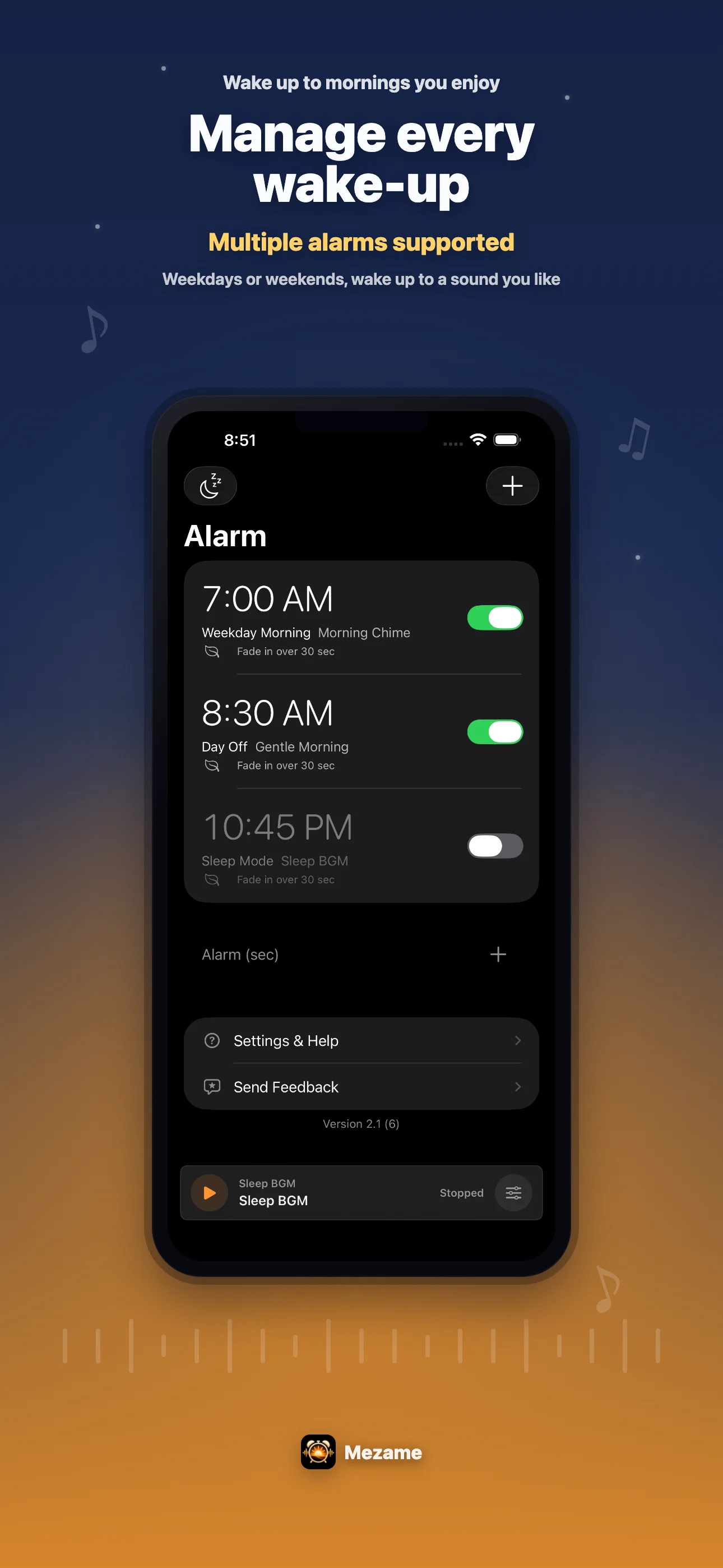 Mezame Alarm app screen